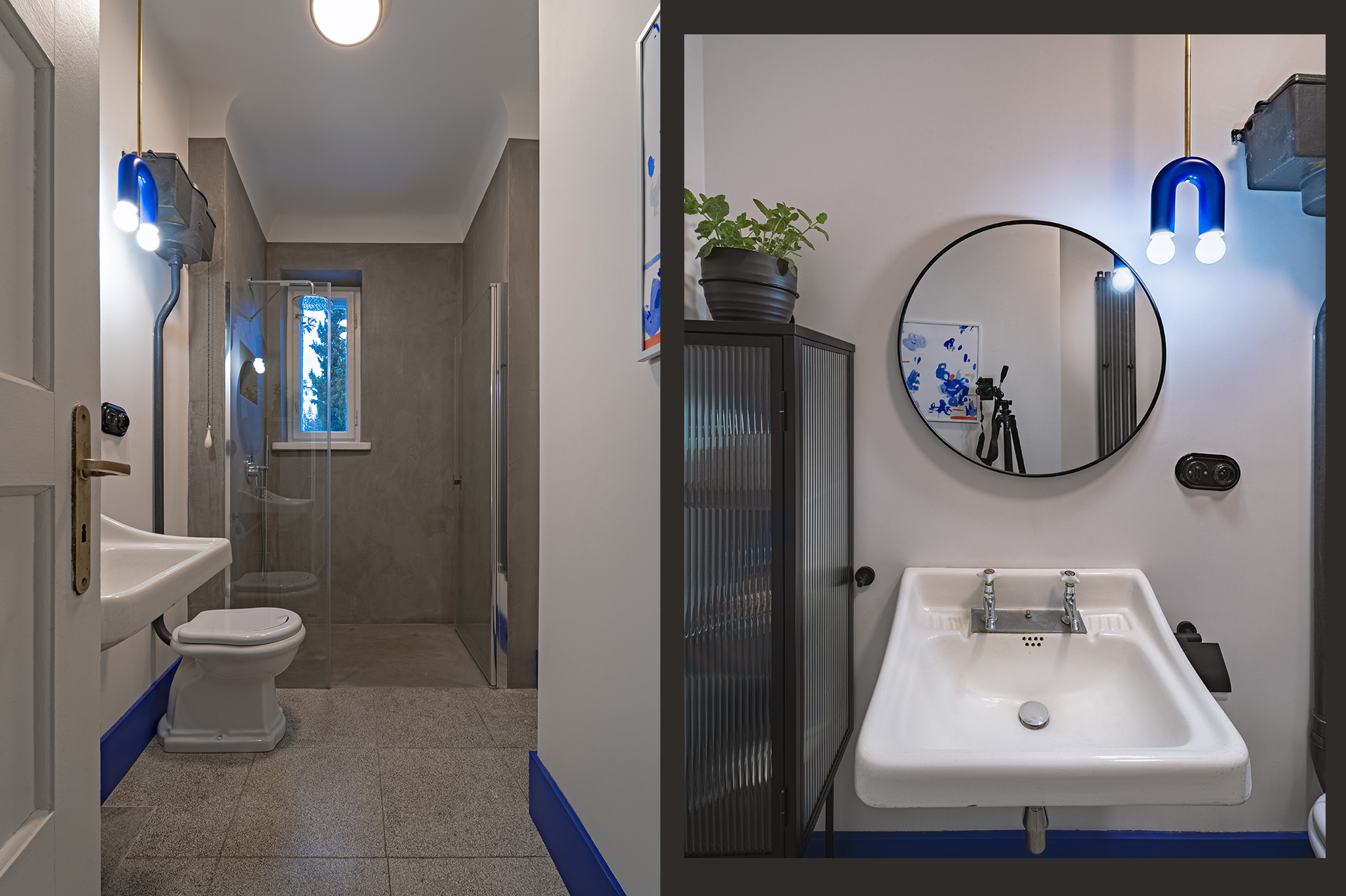 Łazienka na paterze willi – do zachowanych elementów wyposażenia: umywalki i górnopłuku dobrano odpowiednią miskę WC.