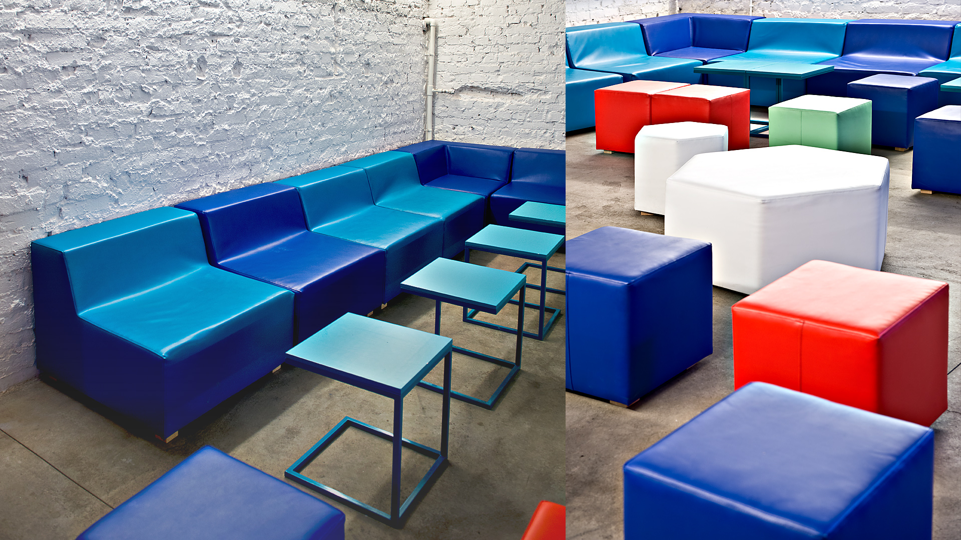 Specjalnie na potrzeby tego wnętrza, zaprojektowaliśmy system siedzisk: prostych brył w mocnych kolorach, z towarzyszącymi im stolikami.