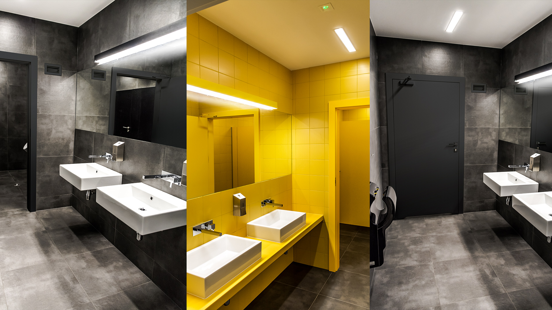 Damskie toalety dla pracowników wyróżnia energetyczna, żywa kolorystyka, a męskie – pełen elegancji powściągliwy grafit.