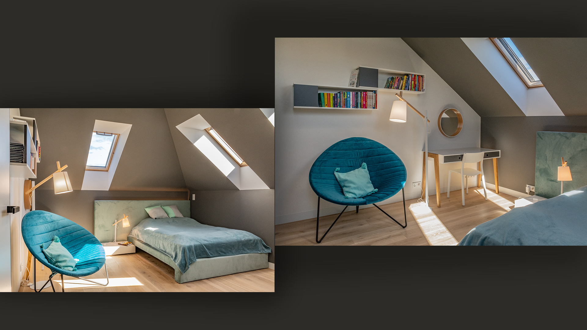 Sypialnia dla nastolatki na poddaszu – stonowana kolorystyka sprzyja wypoczynkowi i wyciszeniu.
