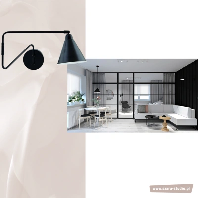 Moodboard dla klientów z Ursynowa - grafitowa boazeria, szklana ściana działowa typu loft, pudrowe akcenty, dużo bieli, faktura drewna, czarne dodatki, zieleń
