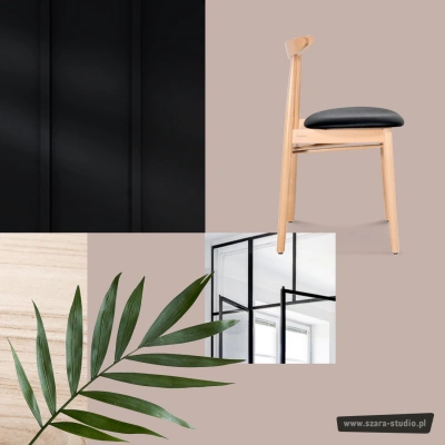 Moodboard dla klientów z Ursynowa - grafitowa boazeria, szklana ściana działowa typu loft, pudrowe akcenty, dużo bieli, faktura drewna, czarne dodatki, zieleń