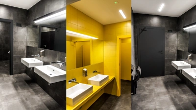Projekt przestrzeni biurowych o łącznej powierzchni 1500m2 &ndash; zestawienie wyr&oacute;żnionych kolostycznie pomieszczeń sanitarnych