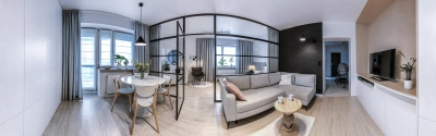 Projekt nowego układu funcjonalnego apartamentu na Ursynowie – panoramiczny widok odnowionego salonu