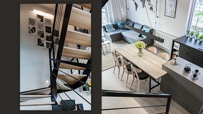 Projekt wnętrz domu w bieli i drewnie z czarnymi dodatkami &ndash; drewniane schody z widokiem na salon